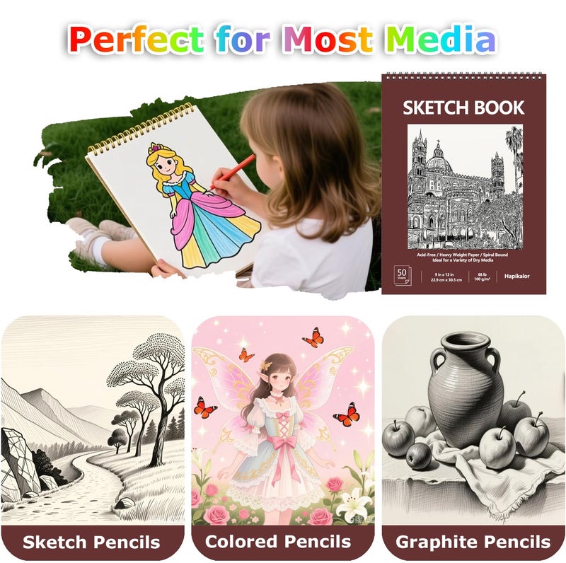 كتاب رسم مقاس 9 × 12 بوصة، عبوتان مكونتان من 50 ورقة كراسة رسم فنية حلزونية، ورق كتاب رسم فنان خالٍ من الأحماض، لوازم فنية للأطفال، أنشطة حرفية، ورق رسم لرسم رسم التلوين (بني) - Image 5